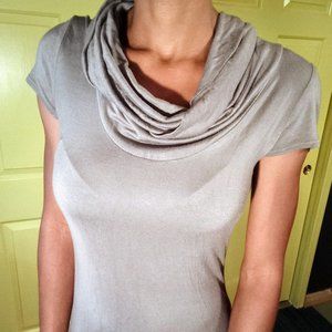 slate gray slinky mid length cowl neck dress. Soprano Brand